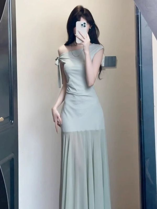 法式绿色露肩网纱连衣裙子女装夏季2025新款气质绝美收腰包臀长裙|undefined