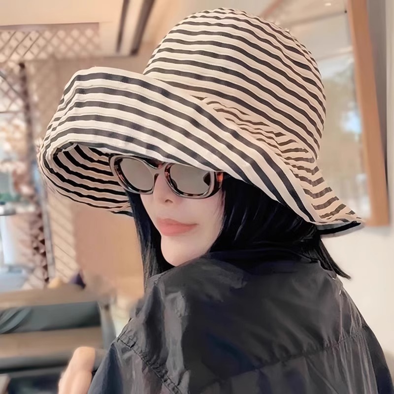 可折叠夏季条纹渔夫帽女生新款遮阳帽子时尚百搭大帽檐户外太阳帽|undefined