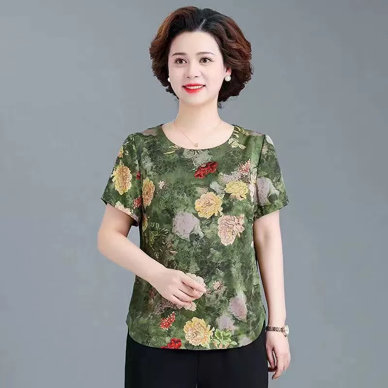 Silk summer clothing for mother, sleeves, summer set, with short sleeve, western style