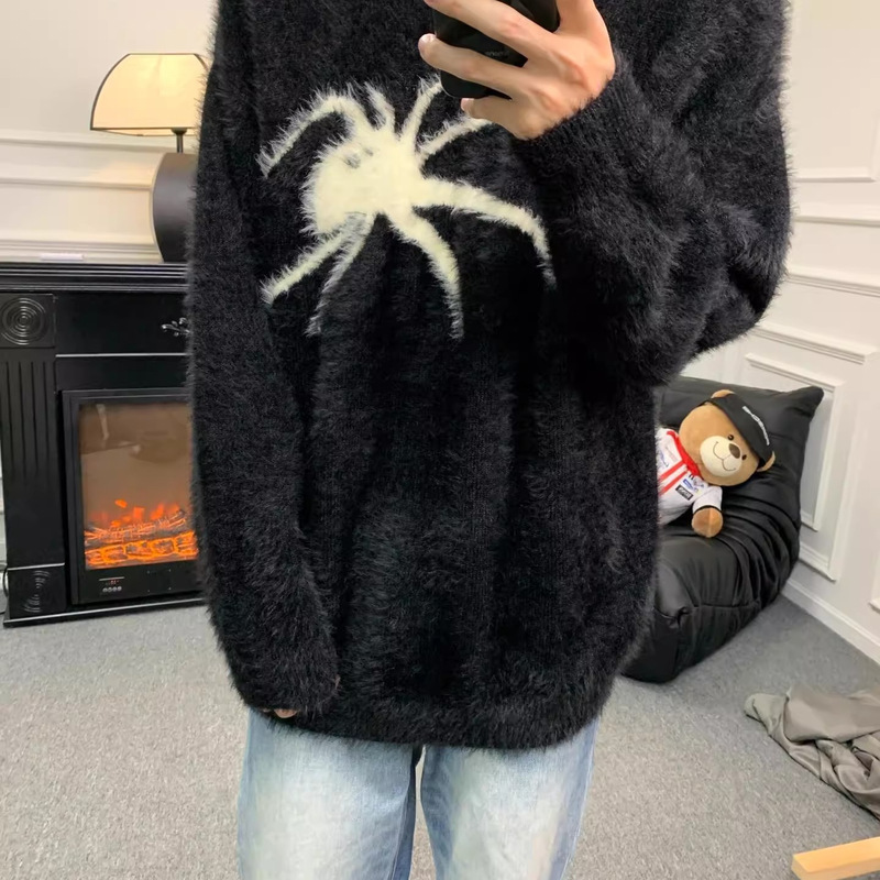 Winter Niche Cleanfit Spider Round Neck Sweater Loose Lazy Mohair Plus Plush Knitted Sweater