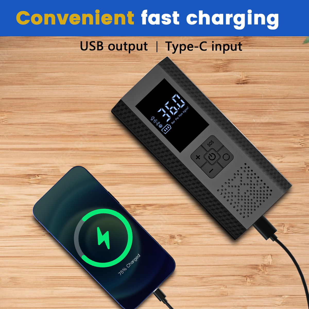Black portable car air pump with digital display, preset tire pressure inflator, outdoor rescue emergency jump starter inflator