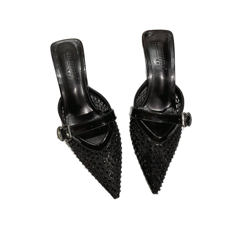2026 nuevo verano de malla de diamante mitad zapatillas zapatillas de tacón frío zapatillas de tacón alto mujer ropa exterior de moda tacones delgados punta image 6