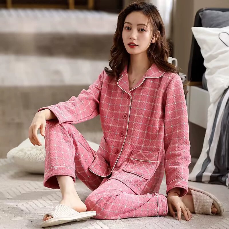 Otoño e invierno sándwich pijamas 100% algodón de las mujeres engrosada delgada acolchada extra grande aire de algodón ropa para el hogar de mediana edad y ancianos