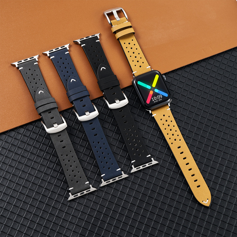 For Apple Watch iwatch10/9/8 Ultra Leather Watch with Stitch Breathable Perforated Leather Strap