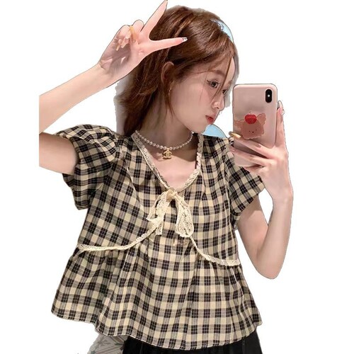 New 2025 Summer Korean Style Retro Checkered Bubble Sleeve Lace Edge Doll Shirt Top