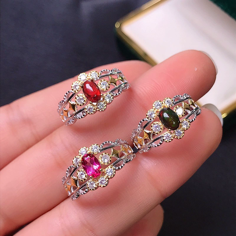 Organic ruby sapphire stone inlay, silver 925 sample, moonstone