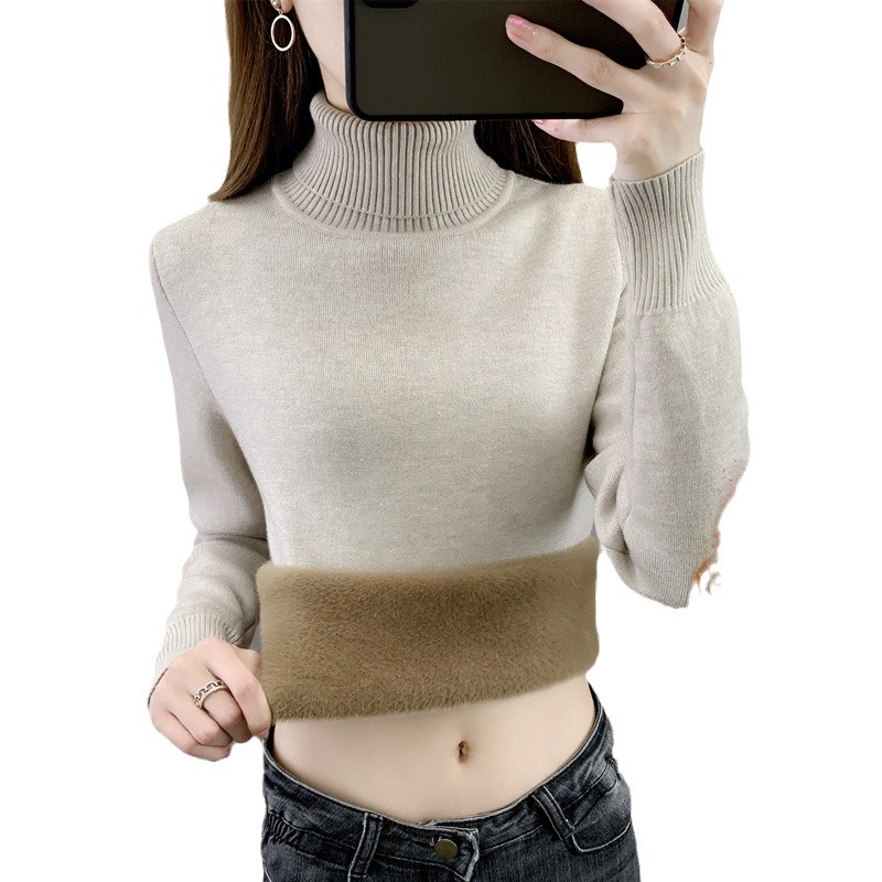 Suéter grueso forrado de vellón para mujer 2023 Otoño e Invierno Nuevo suéter de terciopelo de una pieza suéter de camisa de fondo delgado de manga larga para mujer image 7