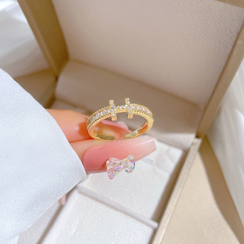 [Real Gold] Full Diamond H Wedding Ring Ring Opening Adjustable Simple Hand Jewelry Japanese Ring Couple Ring