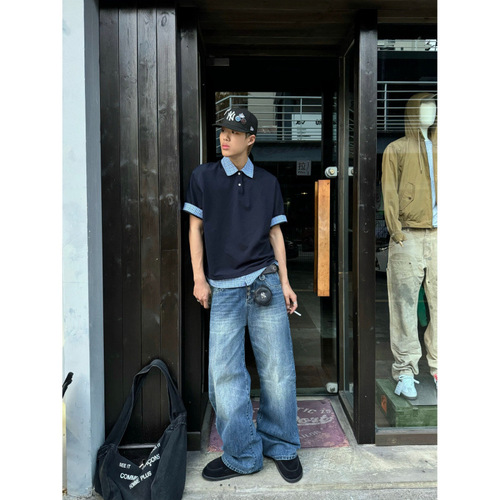 American striped fake two-piece Polo shirt, short-sleeved men and women's summer fashion brand, heavy loose and all-matching couple's half-sleeve T-shirt