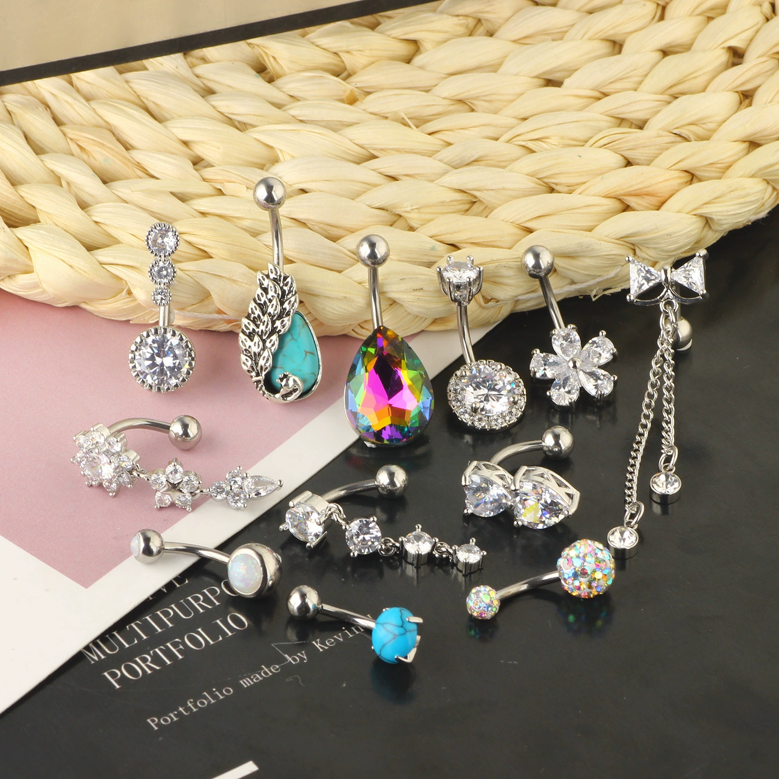 Set, turquoise belly button piercing with zircon, Amazon, 14 pieces