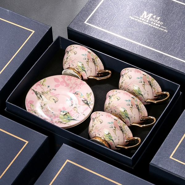 Pink Bird-4 Cups, Saucers and Spoons-With Greeting Card + Tote Bag✦✦