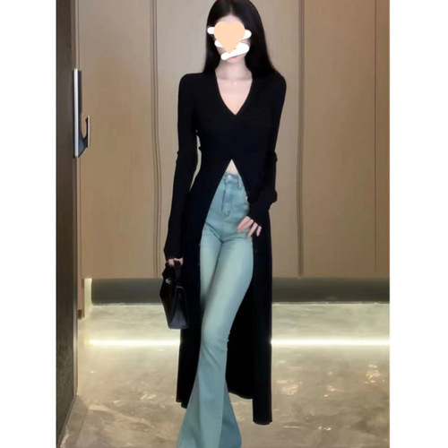 French Black Sheer Ice Silk Knit Collar Dress for Women - Summer Fitted Slimming Elegant High Slit Hip-Length Dress