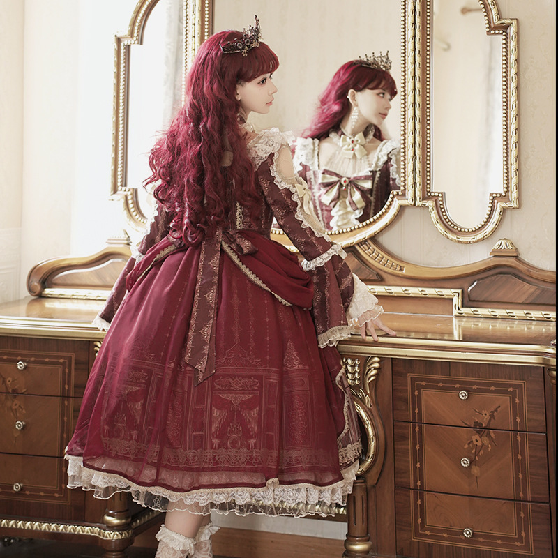 オリジナルバロック宮殿ロリータ長袖ワンピース日常かわいいLolita甘いスカート6915|undefined