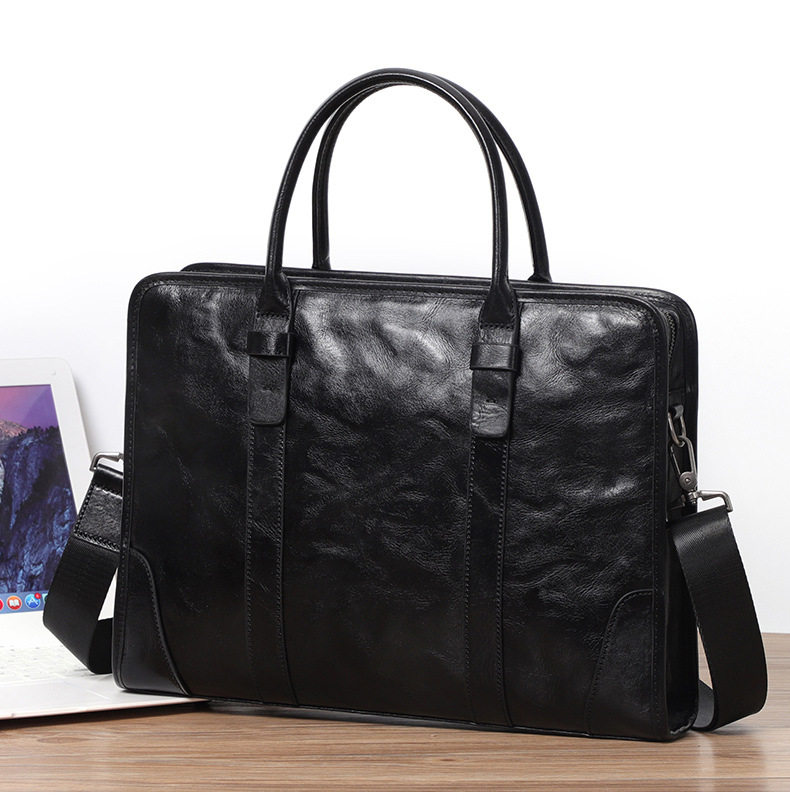 Túi xách tay nam da bò lớp đầu 38×8×28 cm, túi công sở đựng laptop 14 inch, đeo chéo tiện lợi — Màu Đen thuộc da bình thường bên trong màu đen, Màu đen cây cao, Lớp lót nỉ flannel cao cấp cầm tay màu đen chi tiết 4