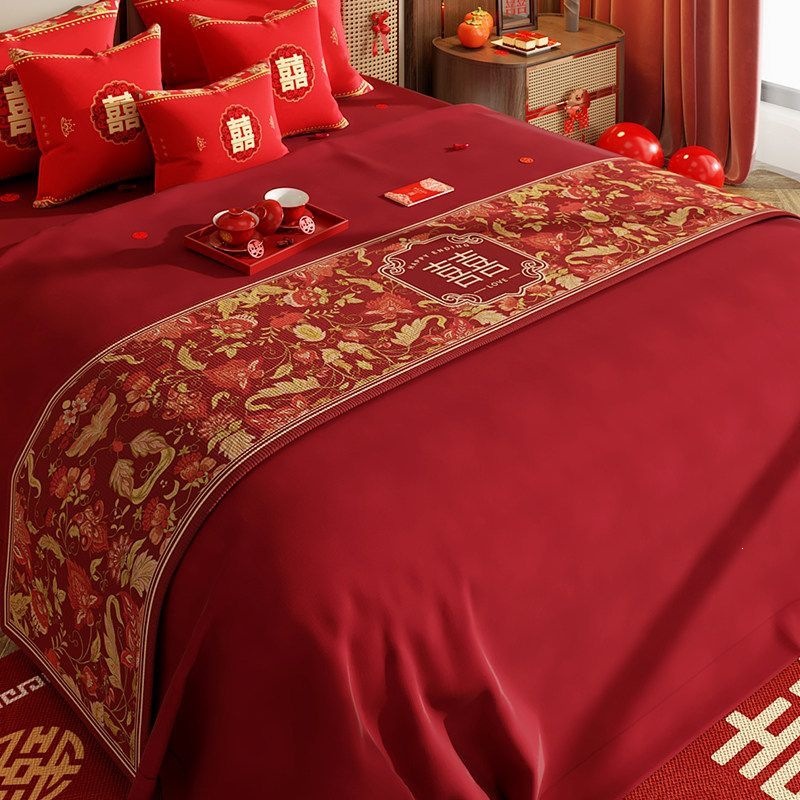 Tea table cover, tablecloth, wedding room bedding, festive red table runner, wedding bed end table runner, bed runner with "double happiness" characters