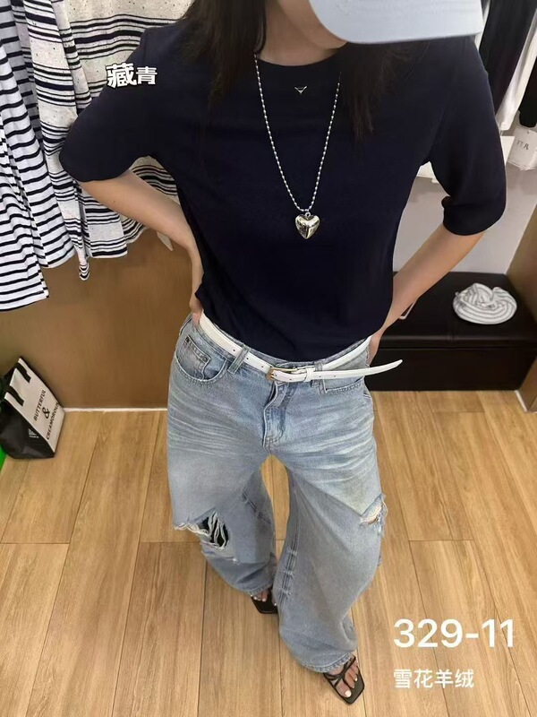 秋季新品羊绒棉小圆领中袖打底衫女修身半袖上衣基础百搭T恤|undefined