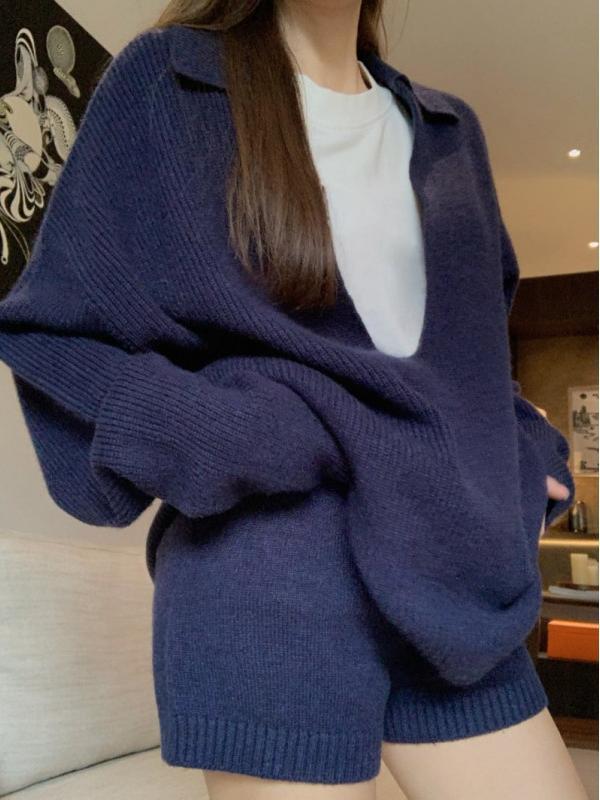 慵懒松弛v领女式毛衣套装2025秋冬新款宽松显瘦针织衫短裤两件套|undefined