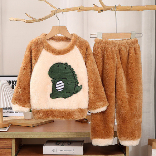 New children's flannel pajama set for autumn and winter, unisex, coral velvet, thickened and lined home wear, one piece