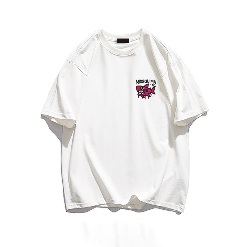 Guangzhou Yiide Clothing Factory American-Style Trendy Letter Print Short-Sleeve Pink Shark Men's Summer Heavy Cotton T-Shirt