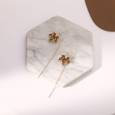 the republic of korea fashion Amber Set crystal Maple leaves temperament Antiquity Versatile Ear line Earrings female