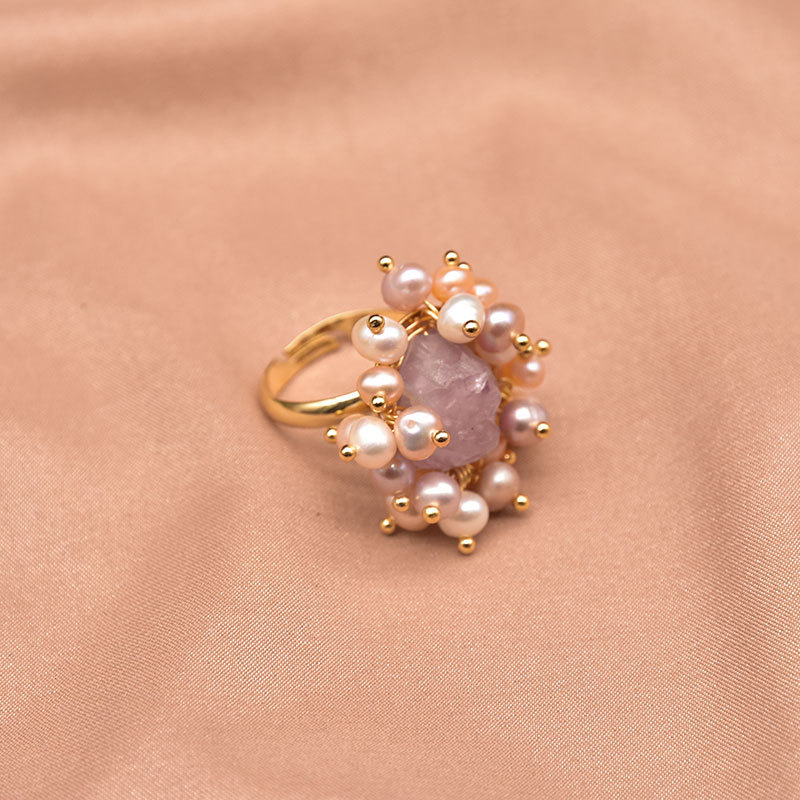 Anillo de perla de cristal de alto nivel, lujo ligero abierto ajustable, joyas hechas a mano, alta calidad al por mayor, natural