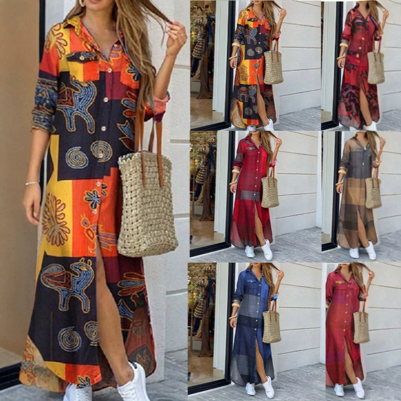 2026 Ebay Aliexpress Autumn New Fashion Long Sleeve Shirt Dress Long Dress S-5Xl Large Stock Available