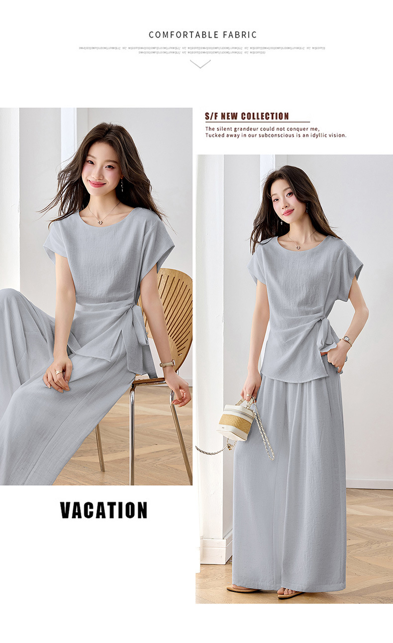 Bộ áo thun cổ tròn nơ buộc kết hợp quần ống rộng nữ 2 món — xanh lam, màu kaki, màu trắng ngà chi tiết 24