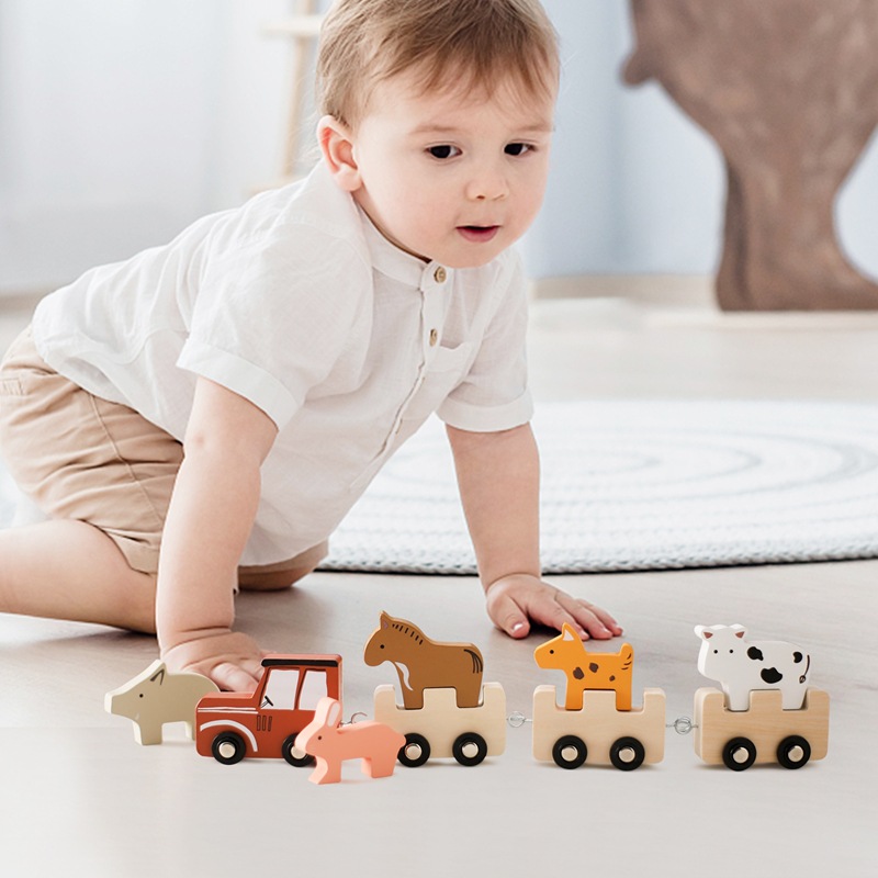 Tren de animales de granja de madera para niños, juguetes cognitivos apilados de iluminación para bebés, juguetes educativos, tren de cumpleaños