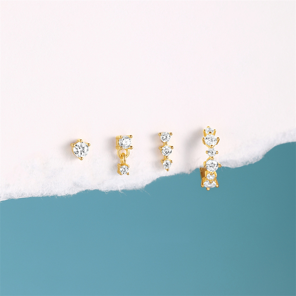 Plating Design 4 Pieces 925 Sterling Silver Zircon Geometric Earrings Ear Studs