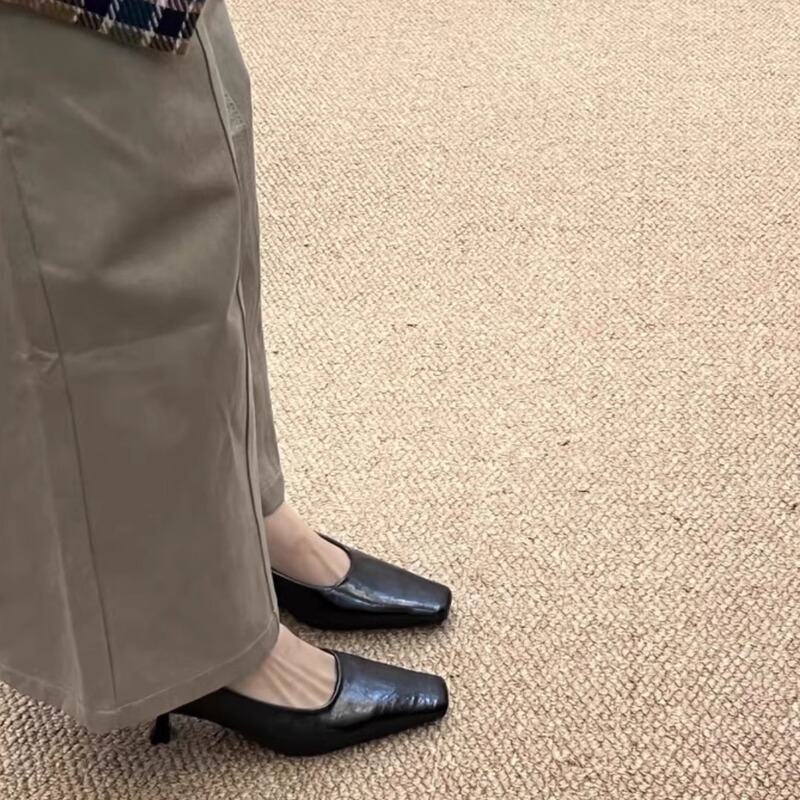 シープスキンバージョン~レトロスクエアトゥキャットヒールハイヒールレディース秋ツーウェアヒール浅い口スティレットヒールメリージェーンシューズ|undefined
