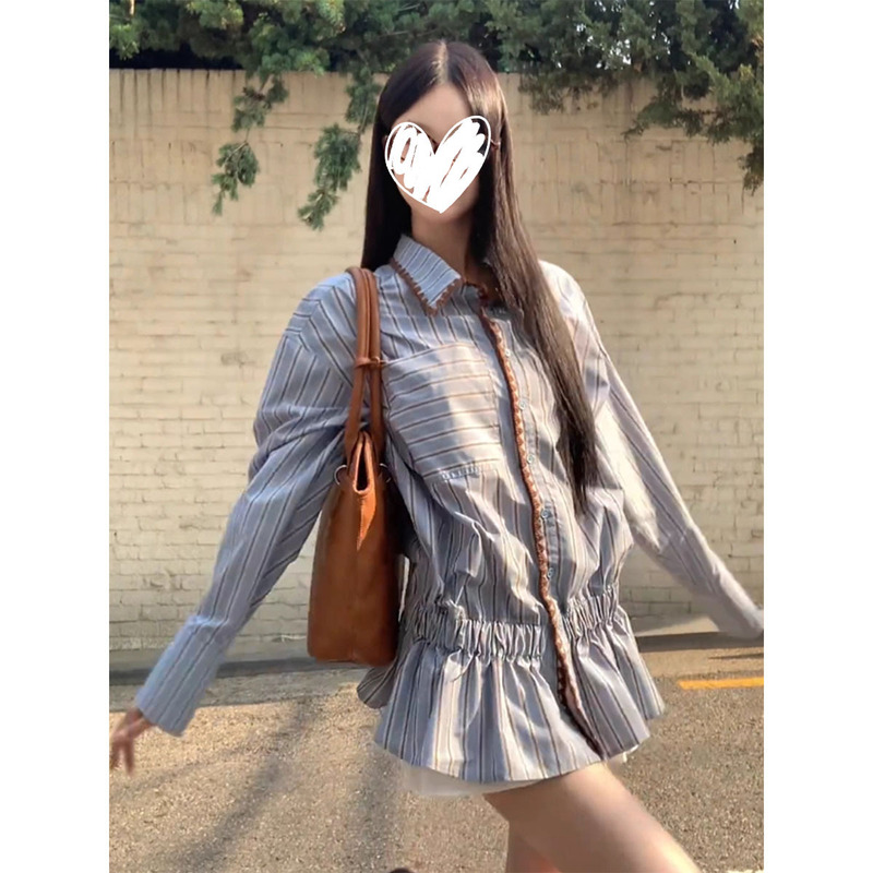 法式撞色条纹收腰长袖衬衫女装2025秋季新款休闲显瘦翻领开衫外套|undefined
