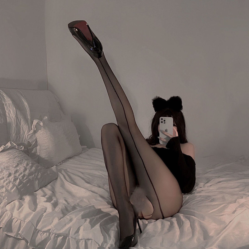 Net Celebrity Pure Shrimp Line Stockings Spice Girl Sex Open Crotch Black Silk Temptation Free Wear Thin Vertical Line Pantyhose Front and Back