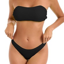 纯色分体泳衣显瘦三角带胸垫欧美高腰bikini抹胸泳装性感比基尼女