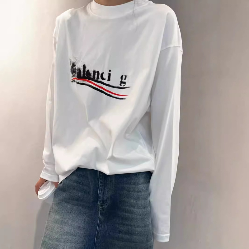 Correct Version Paris B Classic Blurred Cola Letter Graffiti Printed Long-Sleeved Men's and Women's T-Shirt Bottoming Shirt