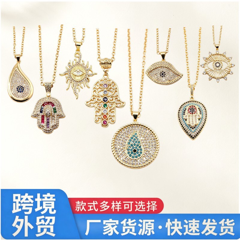Cross-Border Gold-Plated Copper Micro-Inlaid Zircon Devil Eye Pendant Necklace, Fashionable Geometric Round Palm Pendant Necklace