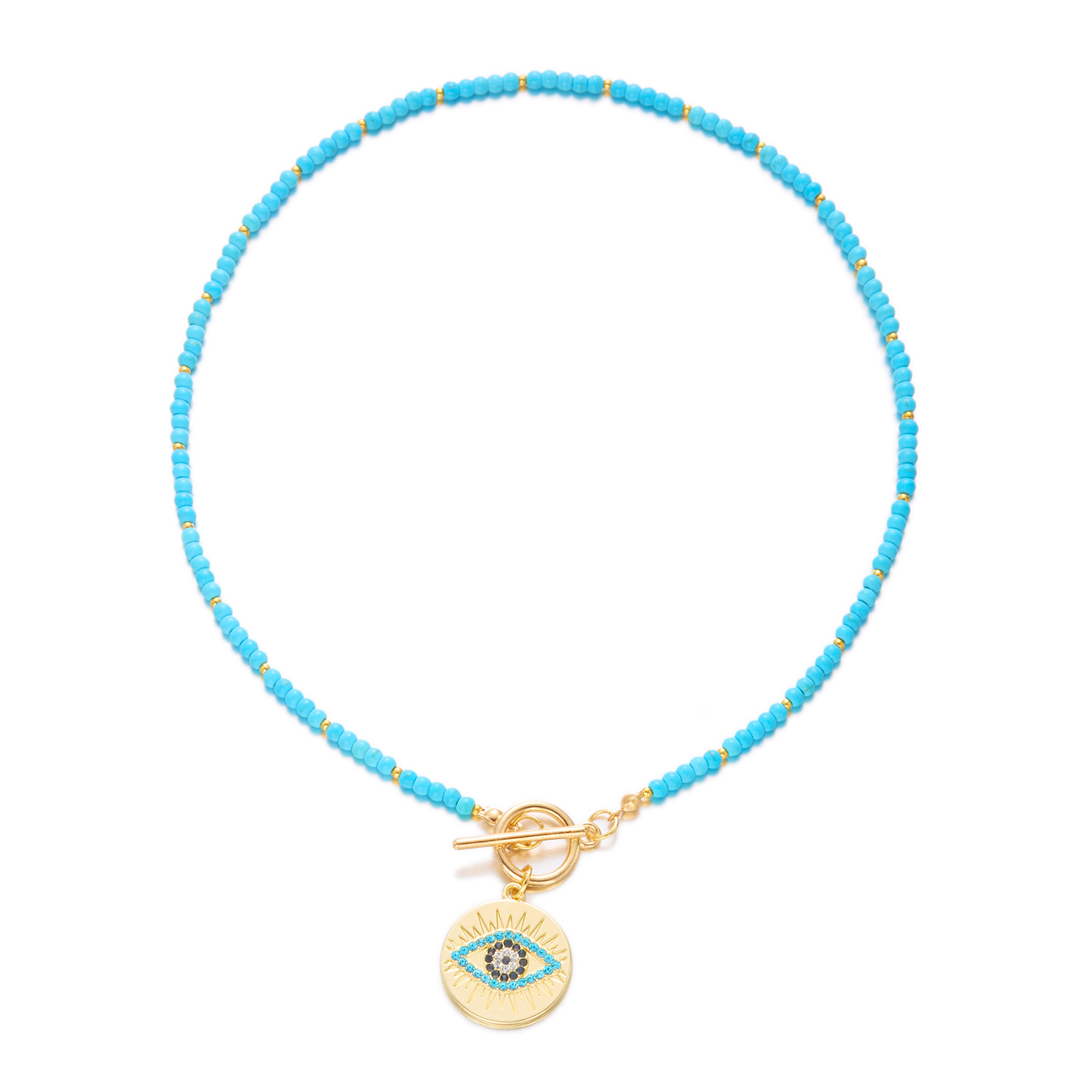 Collier transfrontalier en perles de riz pour femmes, pendentif œil de diable rond, collier tendance et polyvalent pour tous les jours (vente en gros)_voghion.com