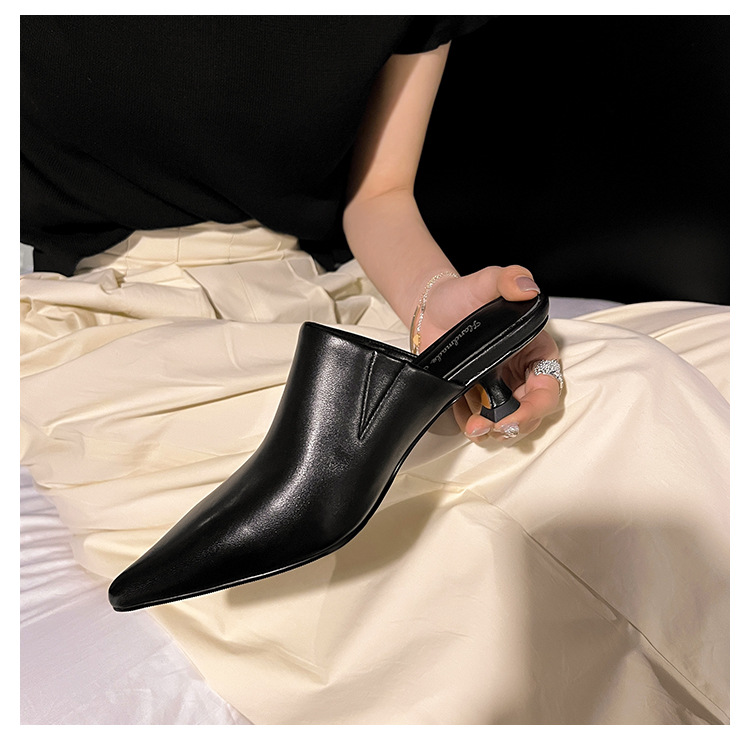 Dép mule nữ da cừu mềm mũi nhọn gót mèo 5 cm — Màu đen chi tiết 30
