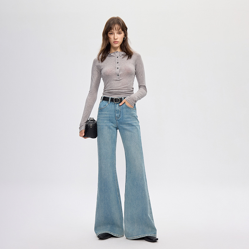 Vintage Light Blue Four-Way Stretch Tube Jeans for Women 2025 Autumn Loose Straight Micro Flare Floor-Length Pants