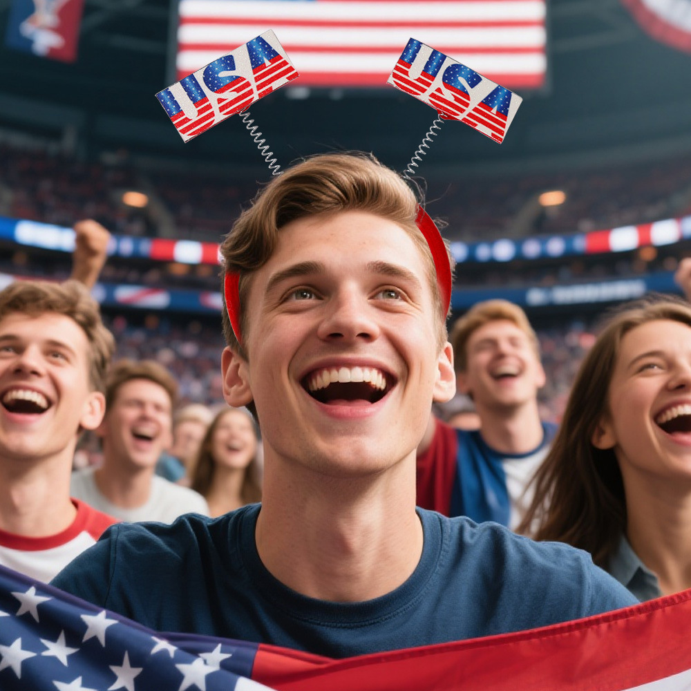 Estados Unidos, Canadá, México, decoraciones de la Copa del Mundo, fanáticos estadounidenses, bandas de pelo, porristas de fútbol, cheerleaders, bandera de Estados Unidos, cabeza