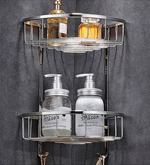 304不鏽鋼浴室置物架衛生間壁掛式三角籃浴室轉角雙層收納網籃