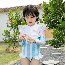 儿童泳衣 女童可爱荷叶边条纹中小童女宝宝防晒长袖连体儿童泳装