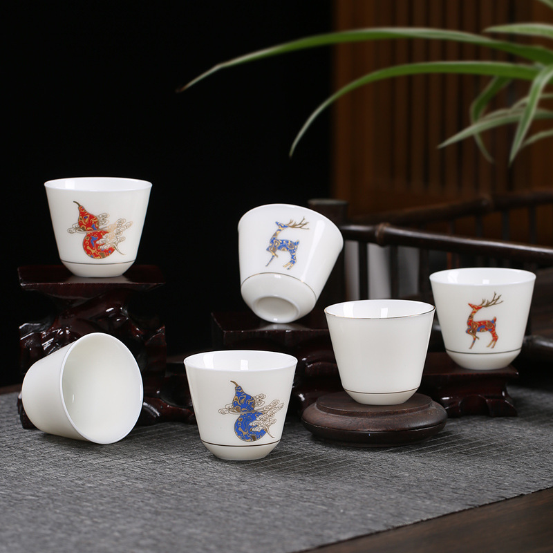 德化羊脂玉白瓷品茗杯创意功夫茶具单杯陶瓷福禄描金小茶杯logo|ms