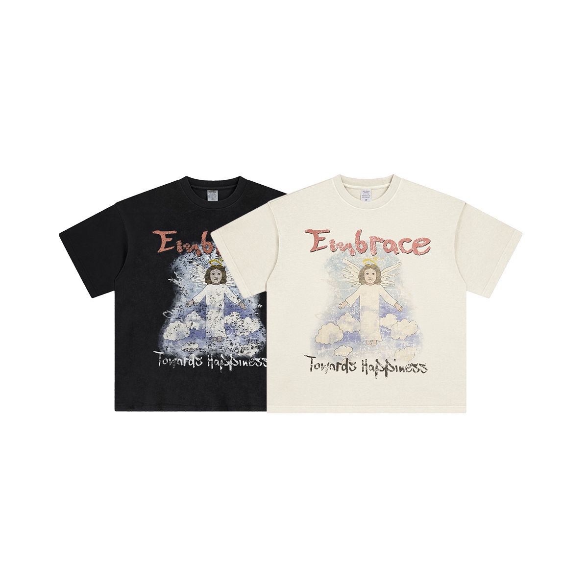 2025 primavera nueva marca de moda callejera retro inns lavado ángel impresión cuello redondo suelto gran camiseta de manga corta para hombres