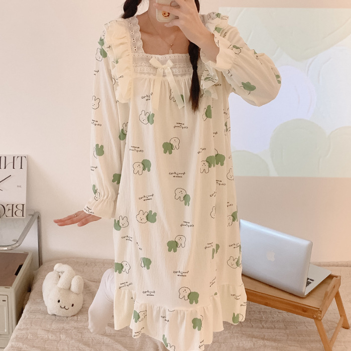 Pijamas de mujer de Primavera de algodón artificial crepé encaje camisón de manga larga ropa para el hogar de las mujeres vestido de una sola pieza de dibujos animados lindo Generación de cabello