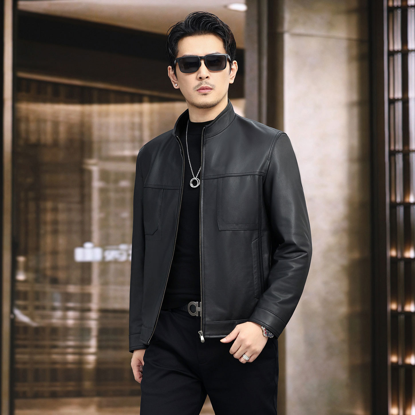 Men's leather jacket, autumn casual style, Haining jacket, new trendy calfskin, fashionable and versatile leather coat.