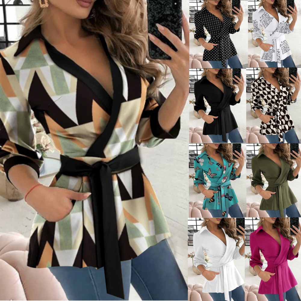2023 estación independiente deseo Amazon popular otoño nuevo impreso manga larga cuello en V cinturón camisa para las mujeres