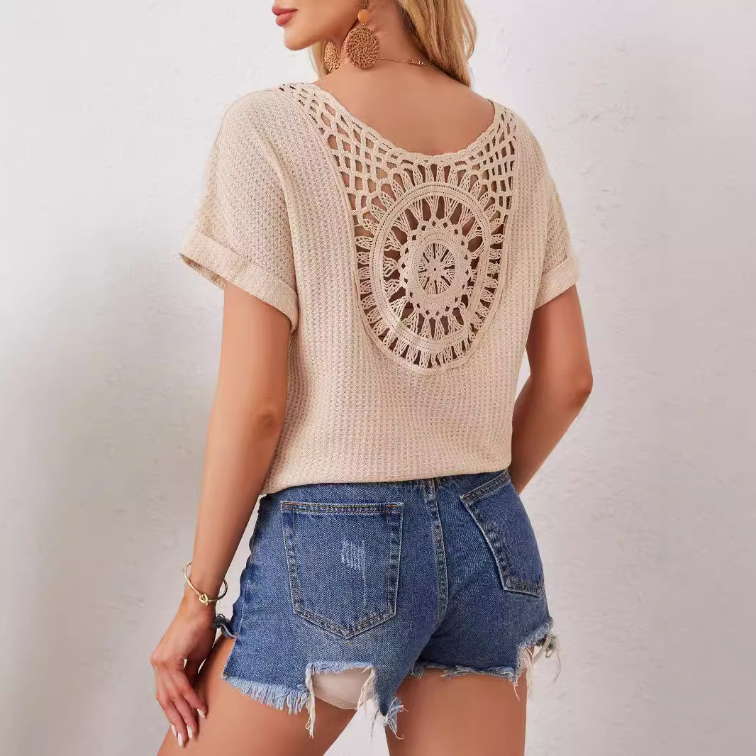 European and American cross-border new style elegant V-neck back hollow splicing fashion lace bat sleeve T-shirt for women