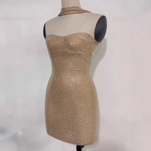欧美风INS挂脖一字领烫钻包臀短裙辣妹性感露背连衣裙女