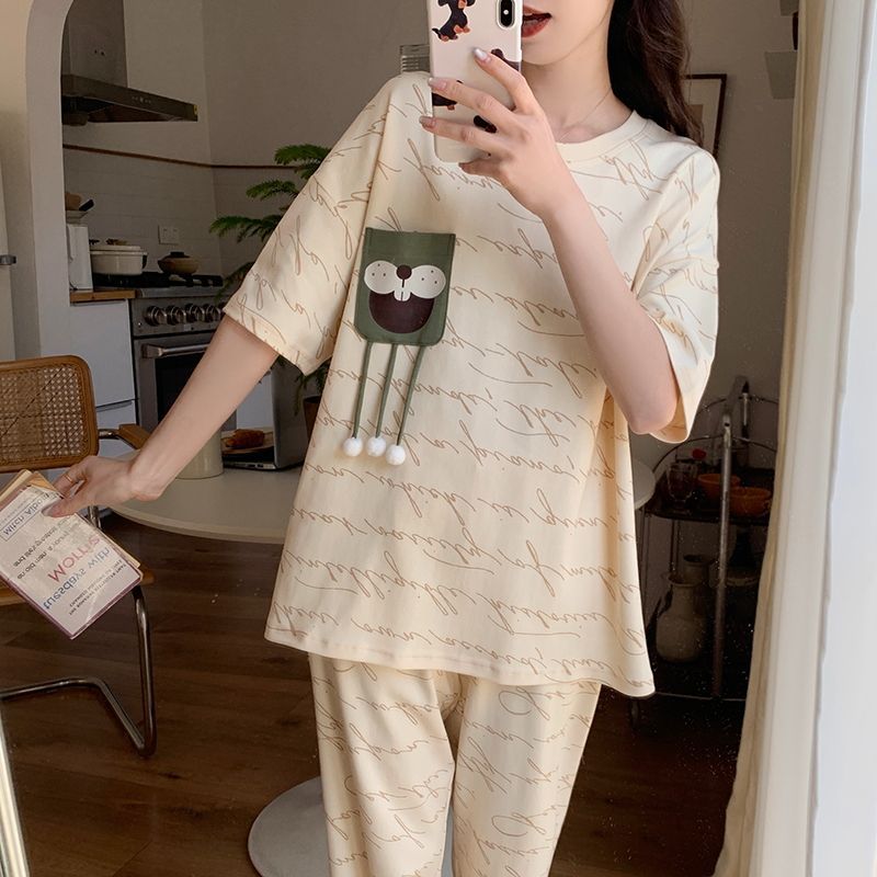 Pijamas de mujer de manga corta de algodón de imitación de verano al por mayor transfronterizo, trajes de pantalones lindos, ropa de hogar de celebridades de Internet con cuello redondo en vivo