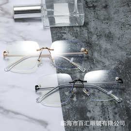 新款无框切边防蓝光眼镜大框方形眼镜个性珍珠素颜眼镜网红眼镜架